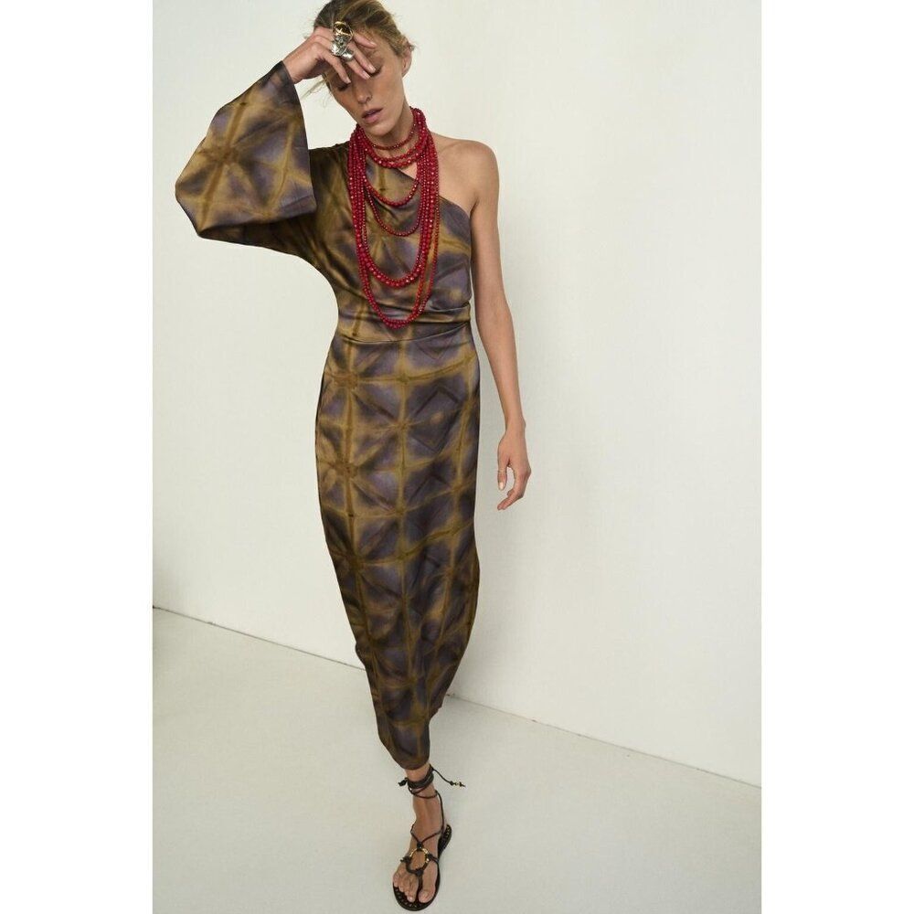 Zara Womens Midi Dress XS Brown Gold Printed Tie Dye Asymmetric 3410/038 NWT